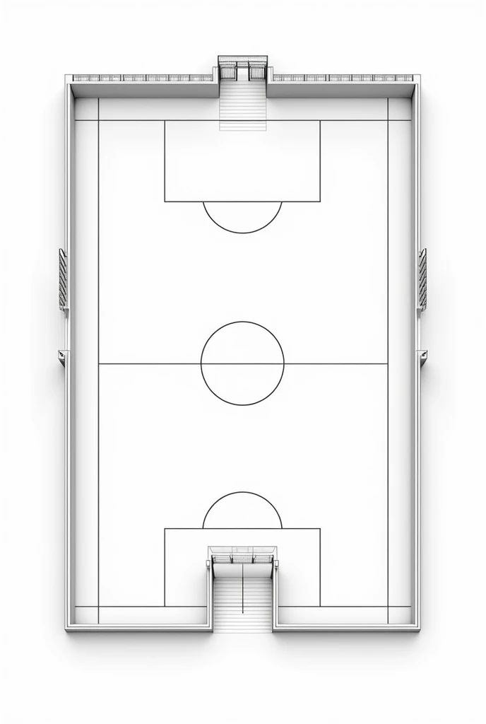 Architectural plan of a medium-sized futsal court in a closed school (no colors) with more spaced edges (Slightly wide corridors around) gates around the upper walls, right and bottom, enclosed court, entrance gate on the lower right side, No canto, another gate at the bottom