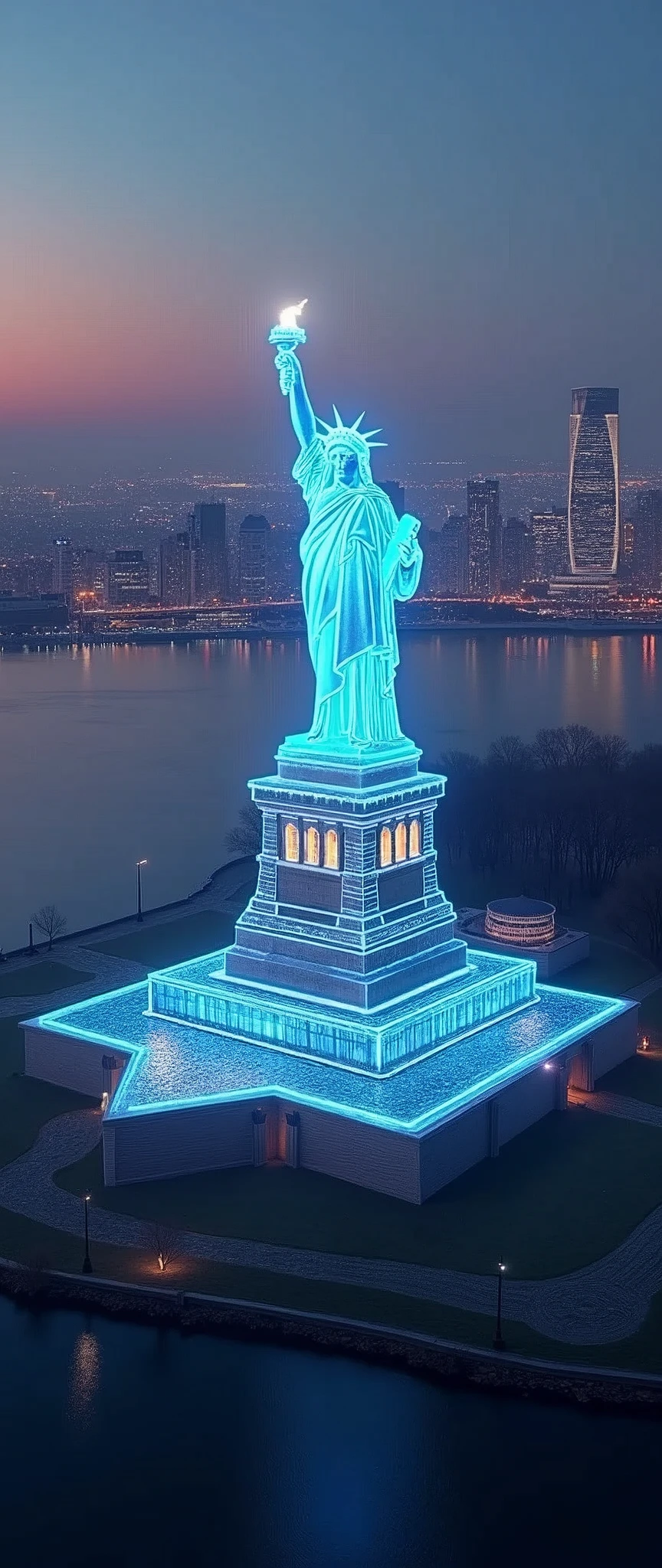 Spectacular landscape photography,Shot from an airplane,(new york in the future:2.0,Statue of Liberty projected as a hologram:2.0,beautiful夜景,Server puncture),(masterpiece:1.2,Highest quality,Ultra-high resolution,Very detailed,8k,Realistic,Best aesthetics),beautiful,(dynamic)