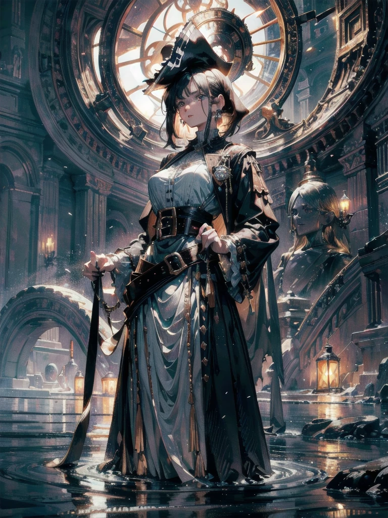 absurdres, RAW photo, extremely delicate and beautiful, masterpiece, Best Quality, ultra high resolution, 32k, hyper realistic, ultra-detailed, Very detailed CG 8k wallpaper, detailed background, landscape, Beautiful Lighting, Perfect Lightning, Realistic Shadows, perfect anatomy, anatomically correct, ideal ratio body proportions, perfect figure, Perfect Style, Perfect balance, super Detailed skin, in her 30s, very Slim body, narrow waist, very small head, very small face, delicate facial features, handsome detailed woman, very detailed eyes and face, realistic face proportions, Realistic beautiful face, Realistic beautiful eyes, tearful mole, earring, very huge round tits, medium short hair, asymmetrical hair, wavy hair, outdoor, (cowboy shot), victorian, Practical pirate clothing, Long-sleeved pirate top, Skirt, Torn pirate hat,