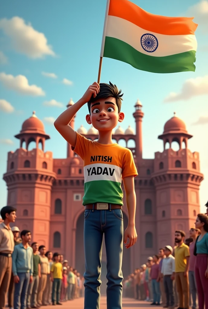 A boy  of 16years wearing indian flag tshirt and written name on  his tshirt nitish yadav and saluating the flag at Red fort in police uniform and people are looking him attractive 