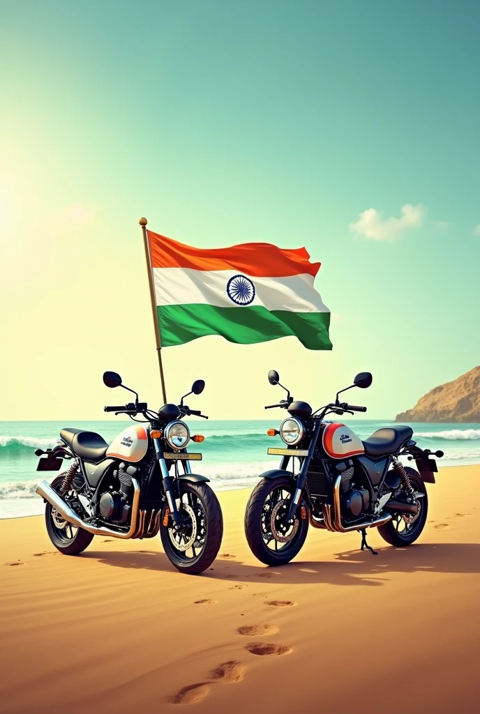 Happy Independence Day India poster with two Interceptor 650 motorcycles without rider with a beach background and Indian flag