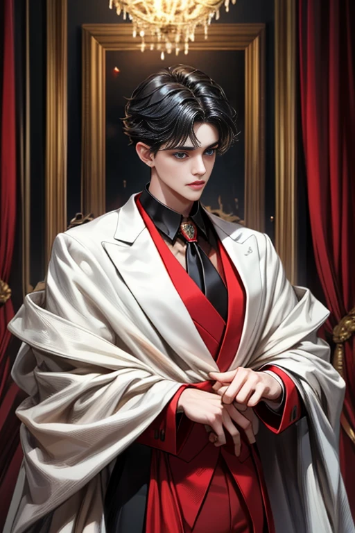
masterpiece, 最high quality, high quality, 1 boy, alone, Male focus, Watching the audience,  Messy black hair, Adorable big blue eyes, White, Noble, Noble,A black and red cape that is bursting with sexy volume、Tuxedo、A very voluminous, large, very large, very large, long, long red and black cape with a high stand-up collar, made of a lot of fabric that reaches down to the floor., ,Cute beautiful boys,Cute, cute, kind, handsome guy