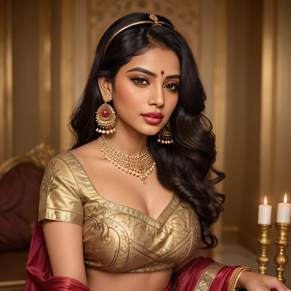 "Create an ultra-realistic image of a modern, attractive female influencer of Indian descent, aged between 27 to 30. She should have a warm and inviting smile, expressive almond-shaped eyes with a slight shimmer, and clear, glowing skin with a medium brown complexion. Her features should be well-defined, with high cheekbones and a sharp jawline. Her hair should be long, thick, and wavy, with a natural shine and bounce, styled in loose waves with a golden headband. Her hair color is a deep, reddish-purple hue that’s bold yet sophisticated. She should have a slender yet athletic build, reflecting a healthy and active lifestyle, with an emphasis on her chest, featuring gigantic breasts (plump: 1.3). A beautiful Indian woman dressed in a traditional bridal outfit, featuring a deep red lehenga with intricate golden embroidery and embellishments. She is wearing a matching dupatta draped gracefully over her head, showcasing her elegant and poised demeanor. Her jewelry is ornate and regal, including a heavy, layered necklace with emerald and pearl accents, large earrings, and a delicate maang tikka on her forehead. Her long, wavy hair is styled to one side, complementing her refined makeup that includes soft eyeshadow, subtle blush, and a glossy pink lip color. The background is a simple, warm-toned indoor setting, highlighting the richness of her attire."