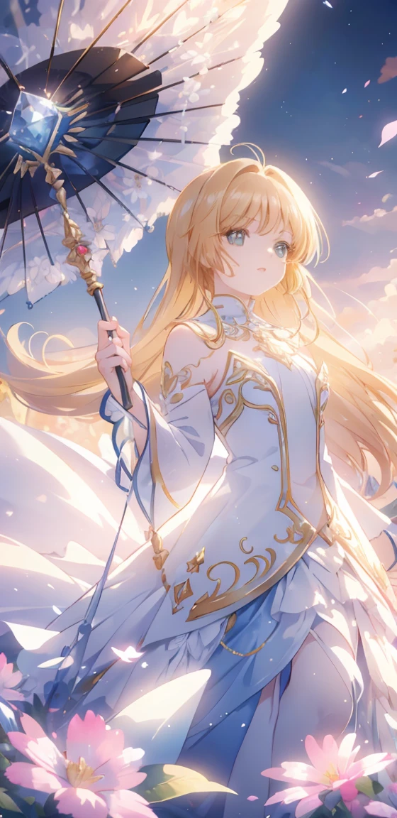 a beautiful woman with long flowing hair, detailed face, sparkling eyes, delicate nose and lips, wearing an elegant dress, holding a scepter, standing in a field of flowers under a clear blue sky, sunlight streaming down, (best quality,4k,8k,highres,masterpiece:1.2),ultra-detailed,(realistic,photorealistic,photo-realistic:1.37),intricate details,natural lighting,vibrant colors,fantasy,digital painting,highly detailed,cinematic lighting,dramatic pose,ethereal,celestial