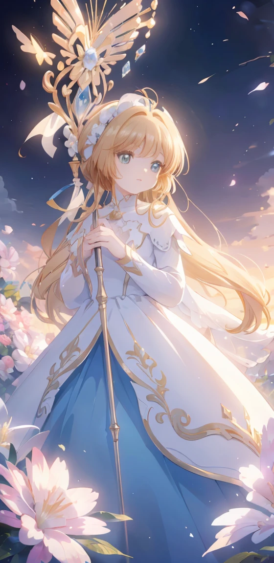 a beautiful woman with long flowing hair, detailed face, sparkling eyes, delicate nose and lips, wearing an elegant dress, holding a scepter, standing in a field of flowers under a clear blue sky, sunlight streaming down, (best quality,4k,8k,highres,masterpiece:1.2),ultra-detailed,(realistic,photorealistic,photo-realistic:1.37),intricate details,natural lighting,vibrant colors,fantasy,digital painting,highly detailed,cinematic lighting,dramatic pose,ethereal,celestial