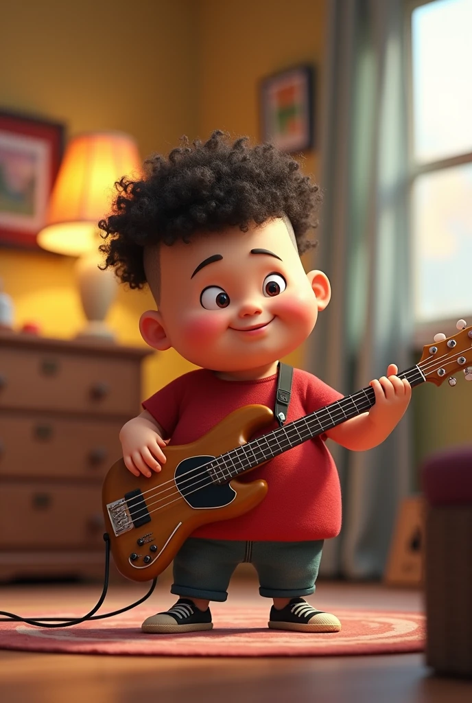 Home black animated version a little fat with curly hair with a shaved fade haircut holding a 5-string electric bass
