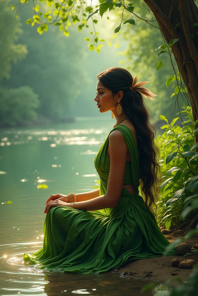 An Indian woman sitting on the river bank, with a feather earring and clothes made of leaves

 