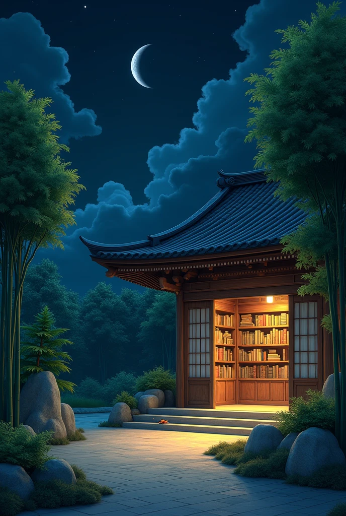 japanese temple at night ,with a moon in the background ,with bamboo and carrots ,with bookshelves with books and low light 