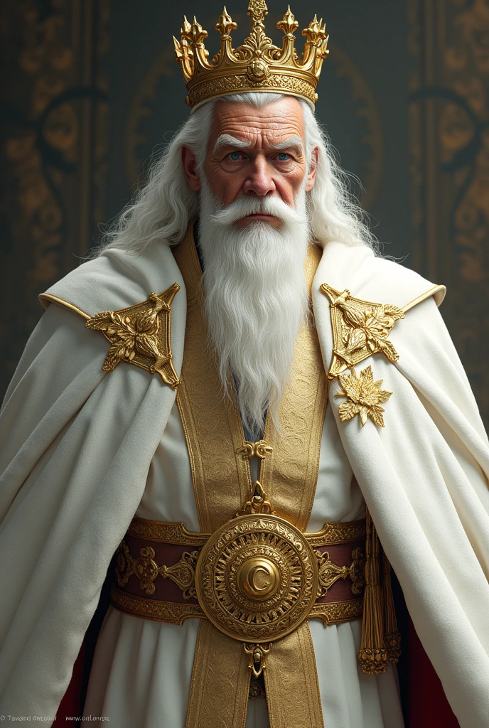 An old king with white hair, with a white crown, with royal clothing of white and gold, on his clothes he will have a badge that says District C