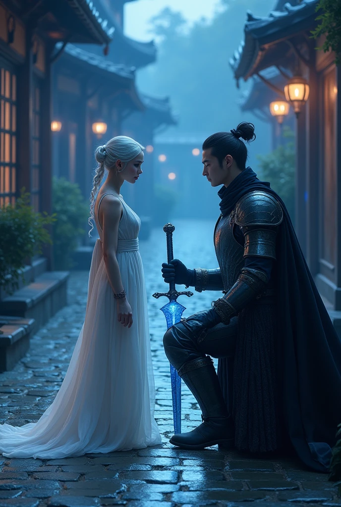 "Are you my master?"; BREAK A (photorealistic masterpiece) (highly detailed faces, fantasy illustrations with gothic, with muted colors), BREAK (this is a "city of shadows" with distant lights glittering. Pale blue moonlight illuminates the cobbled stone); BREAK (Elf sorceress: a beautiful young Elf woman with short silvery hair, delicate features, pale skin, and lavender eyes); wearing ((sleeveless)) pale robes, arcane magic is woven around, summoning a knight to protect her, glittering magic radiating from her, BREAK (ArmoredKnight: handsome Chinese man, medieval Chinese-style lamellar armor, black cloak, carrying a jen-sword glimmering blue) and (kneeling:1.3), BREAK (female elf on left and dark ArmoredKnight on right facing each other in blue moonlight as the knight (((kneels))) in allegiance); BREAK: the dark armoredknight kneels.