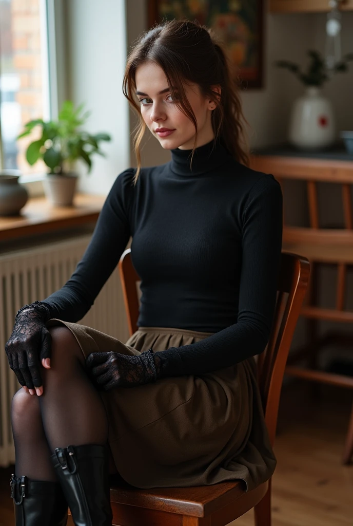 brown hair color、hair pulled back、ponytail、cute face、 she wears a turtleneck and a skirt.、black pantyhose、sitting on a chair、crossed legs、Wearing black lace gloves、wearing boots、adult german woman、full body portrait、indoor.、
