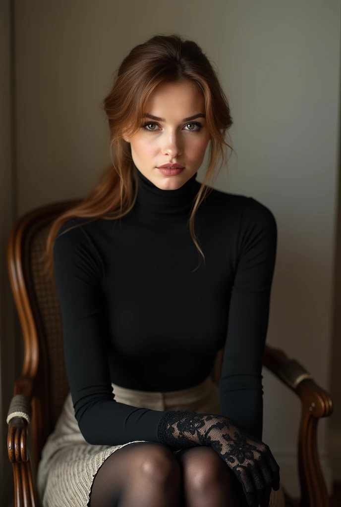 brown hair color、hair pulled back、ponytail、cute face、 she wears a turtleneck and a skirt.、black pantyhose、sitting on a chair、crossed legs、Wearing black lace gloves、wearing boots、adult german woman、full body portrait、indoor.、