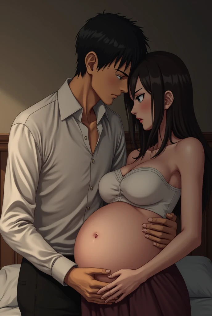 Levi Ackerman (Attack on Titan) caressing her swollen belly with both hands, dressed only in a white shirt