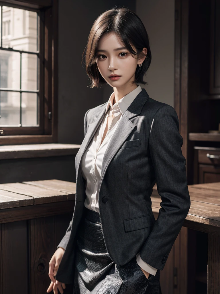 absurdres, RAW photo, extremely delicate and beautiful, masterpiece, Best Quality, ultra high resolution, 32k, hyper realistic, ultra-detailed, Very detailed CG 8k wallpaper, detailed background, landscape, Beautiful Lighting, Perfect Lightning, Realistic Shadows, perfect anatomy, anatomically correct, ideal ratio body proportions, perfect figure, Perfect Style, Perfect balance, super Detailed skin, in her 10s, very Slim body, narrow waist, very small head, very small face, delicate facial features, handsome detailed woman, very detailed eyes and face, realistic face proportions, Realistic beautiful face, Realistic beautiful eyes, tearful mole, earring, (very huge round tits), medium short hair, asymmetrical hair, wavy hair, ((full body shot)), ((whole body shot)), clavicle, dark grey jacket blazer, Dark gray skirt, ((collared shirt)),