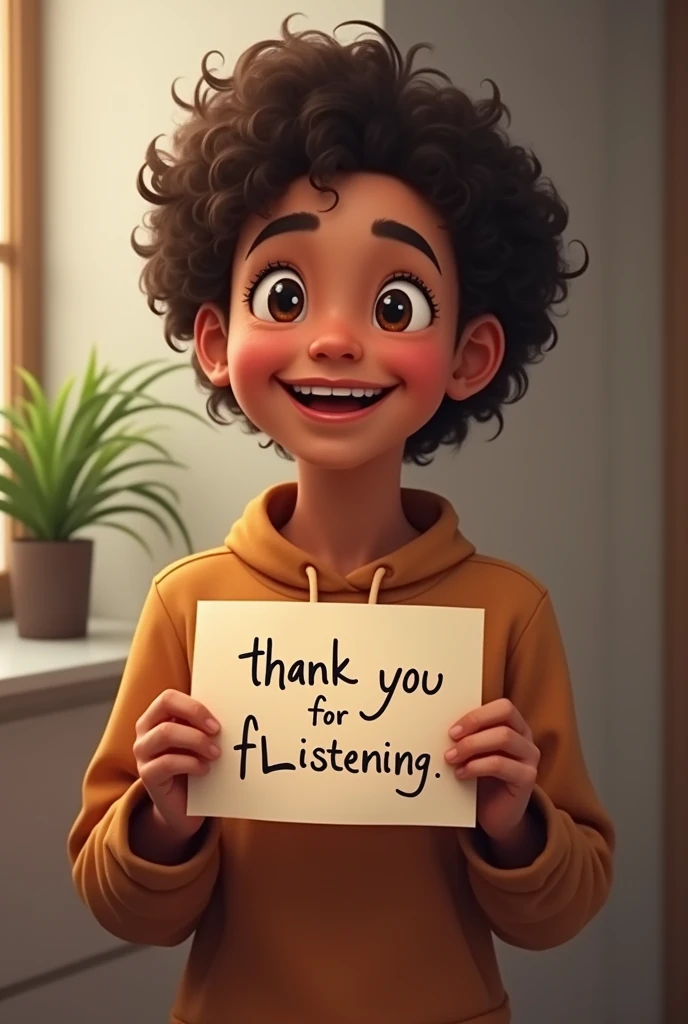 A person who thankful and very happy Theirs a paper write 'thank you for listening'