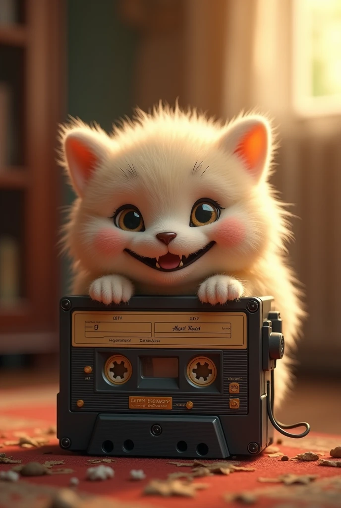 A cassette player, fluffly, Grinning