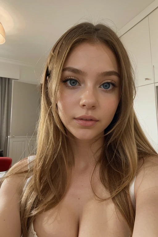 with blue eyes, in hotel room, blondes long hair, portrait sophie mudd, Portrait of Corinna Kopf, blonde hair and large eyes, selfie of a young woman, ohne Make-up, Natural makeup, looking straight into camera, Face with Artgram, subtle make-up, Great full body photo, in the room, big boobs, blond