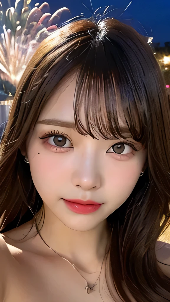 Tabletop, Highest quality, shape, Very detailed, High resolution, 8k wallpaper, Perfect dynamic composition, Ultra detailed face,  Natural Lip , Cleavage, whole body, (The eyelashes on both eyes are equal and beautiful.), Selfie, looking at the camera, Fireworks venue, night, (whole body, naked)