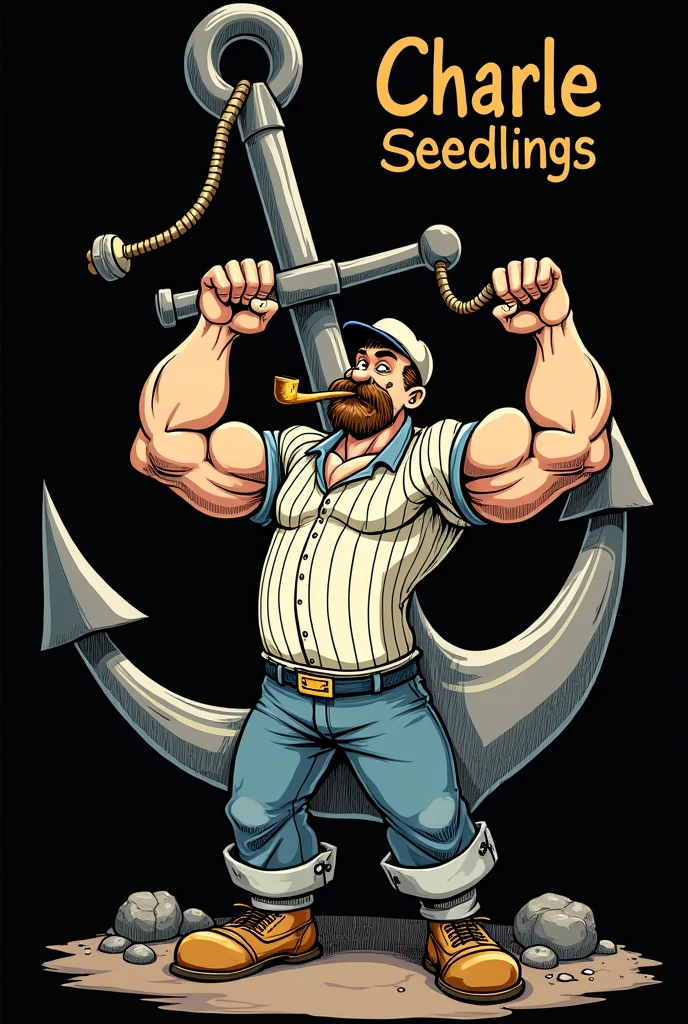 You can create an image inspired by Popeye, but it would be with a similar character, showing a muscular sailor lifting a giant anchor, with a pipe in his mouth, maintaining the essence of the style you describe. The background will be black, and next to the character I will place the word "Charlie Seedlings" in gold.