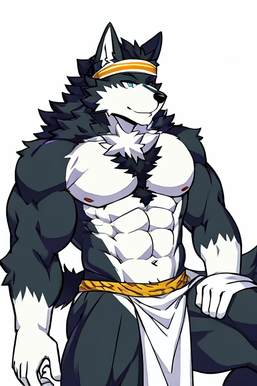 black and white Hokkaido wolf, muscular, black fur on the chest, white sports headband, White loincloth