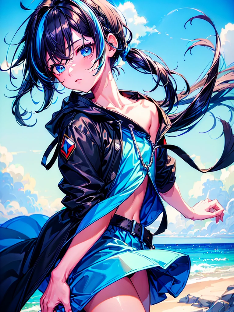 [(SKY BLUE BACKGROUND:1.5),::5], ((((masterpiece)))), high quality, ultra very high resolution, full color, (((solo))), ((little boy)), BLACK hair, ((Blue streaked short hair)), (oriental deepblue eyes), ((anime style)), (upper body), Summer clothes, black parka,