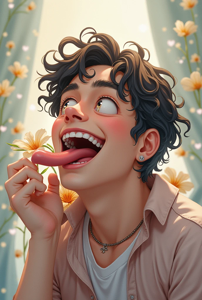 A happy man with his tongue out, with a femboy behind him