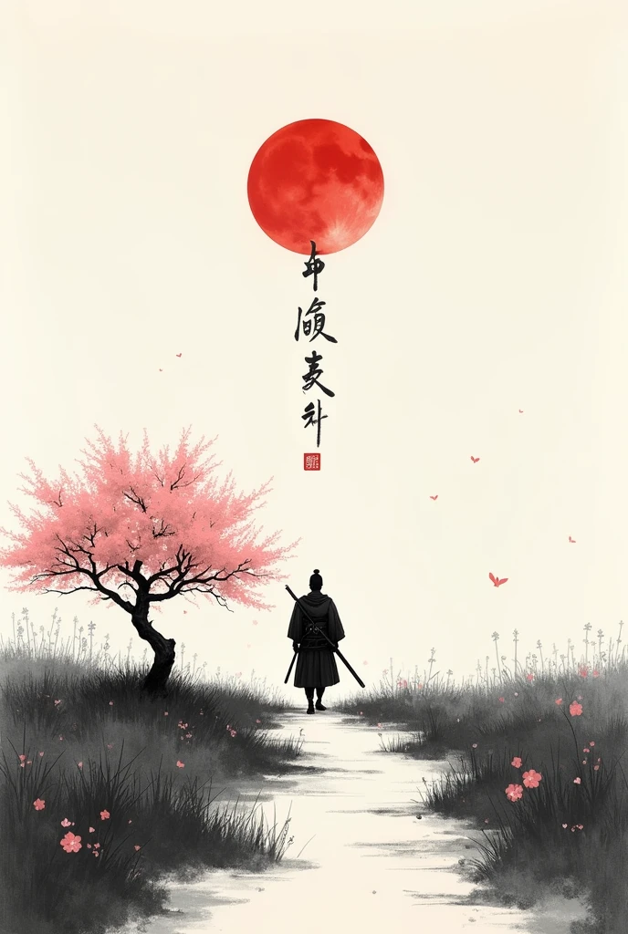 black and white drawing in Japanese style, Samurai in the distance (man, adult person) walking along a path through a field, a single pink cherry blossom tree nearby, Red moon in the sky, The picture above shows a Japanese kanji "quiet". Everything is harmonious around