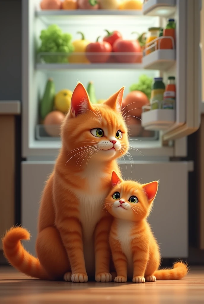 The orange kitten mom proud of the fat orange kitten : stand in front of the fridge which full of vegetables