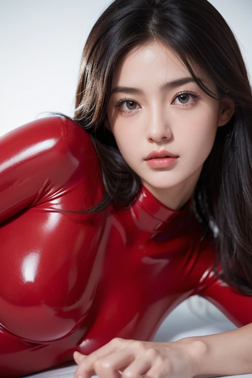 (RAW Photos:1.2)、Highest quality、Beautiful detailed girl、Tight red latex suit、Red latex bodysuit, Laughter、Highly detailed eyes and face、Beautiful and detailed、Large file size、High resolution、High resolution、More about 8k wallpaper、Highly detailed Ticker Uniform 8K Wallpaper、Light on the face、Cinema Lighting、、Sexy pose、(Photorealism:1.4)、Raise your consciousness、Surrealism、 From below、Super Detail、masterpiece
