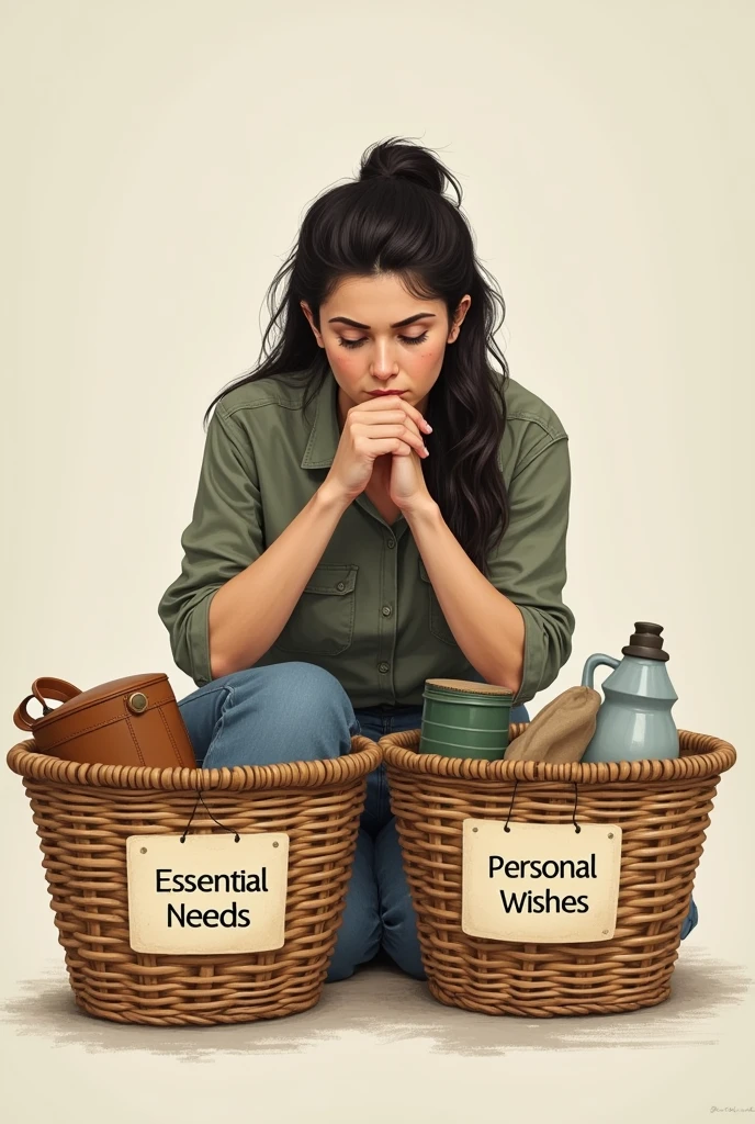 Two baskets labeled as "Needs" and "wishes", with someone carefully choosing what to put in the basket of "Needs".