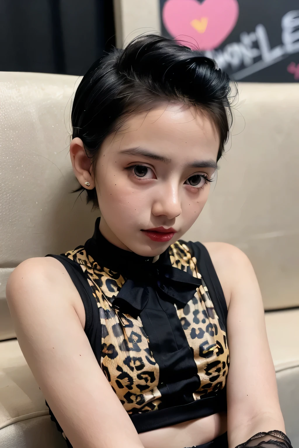 (((SAD FACE EXPRESSION:1.1)), ((NECK LCE RIBBON)), ((GOTHIC BLACK EYELASHES & LIPS)), ((BLACK LIPS)), ((Very stylo Shorthaircut)), adorable, 1 girl, (face to face), 10 years old, baby face, happy, half body portrait, (face details: 1), (eye details: 1), ((tiny breasts)). ((croptank leopard pattern)), ((net stockings)), lingerie ((red lips)), view from lie down