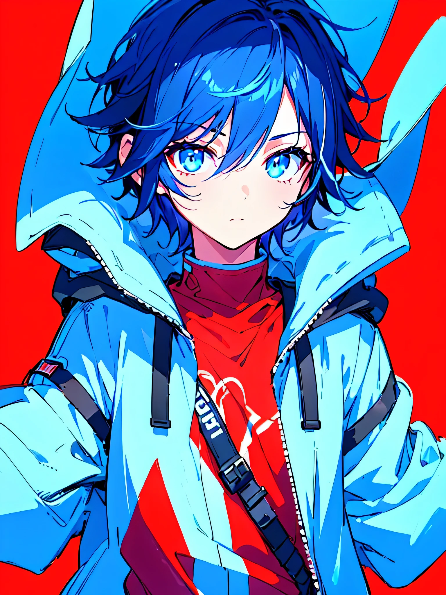[(RED BACKGROUND:1.5),::5], ((((masterpiece)))), high quality, ultra very high resolution, full color, (((solo))), ((little boy)), BLACK short hair, ((Blue streaked hair)), (oriental deepblue eyes), anime, ((upper body)), Summer clothes, neon light, black parka, glaring