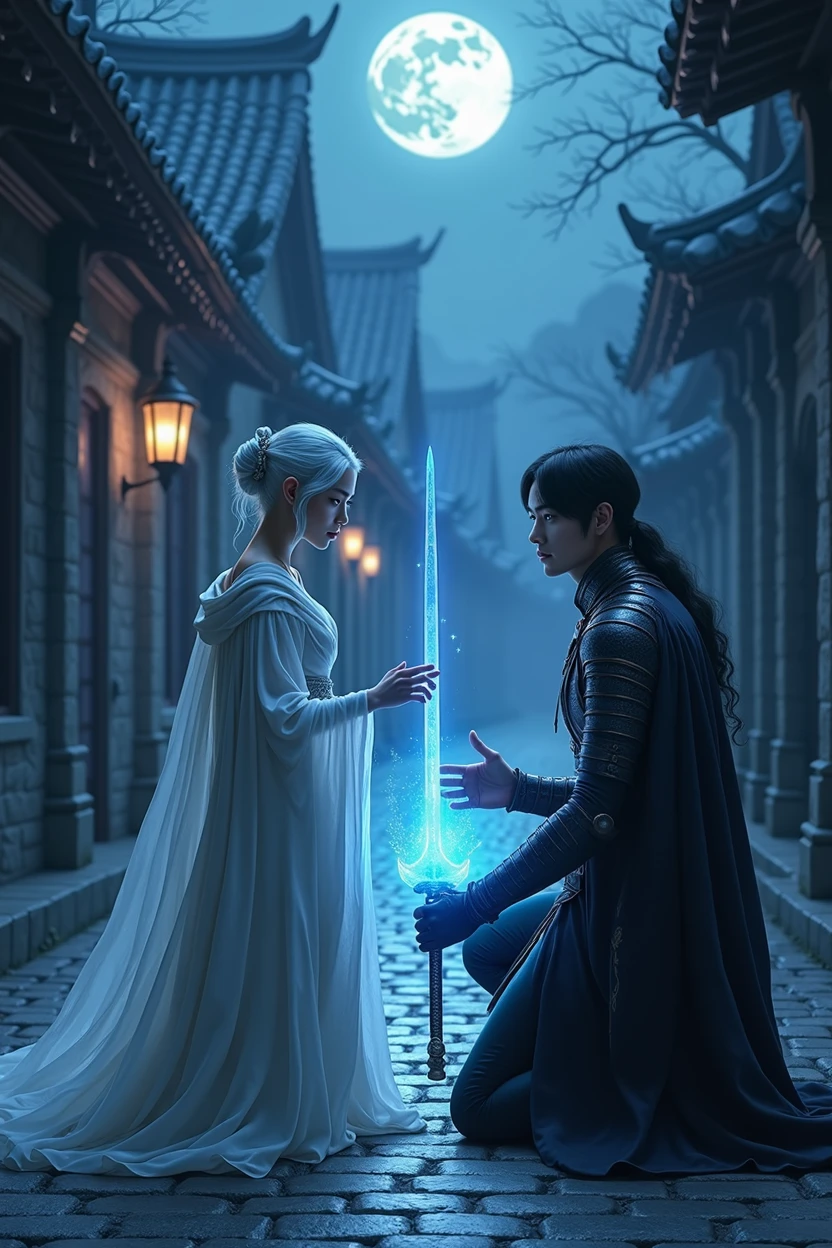 "Are you my master?"; BREAK A (photorealistic masterpiece) (highly detailed faces, fantasy illustrations with gothic, with muted colors), BREAK (this is a "city of shadows" with distant lights glittering. Pale blue moonlight illuminates the cobbled stone); BREAK (Elf sorceress: a beautiful young Elf woman with short silvery hair, delicate features, pale skin, and lavender eyes); wearing pale robes, arcane magic is woven around, summoning a knight to protect her, glittering magic radiating from her, BREAK (ArmoredKnight: handsome Chinese man, medieval Chinese-style lamellar armor, black cloak, carrying a jen-sword glimmering blue) and (kneeling:1.3), BREAK (female elf on left and dark ArmoredKnight on right facing each other in blue moonlight as the knight (((kneels))) in allegiance); BREAK: the dark armoredknight kneels.