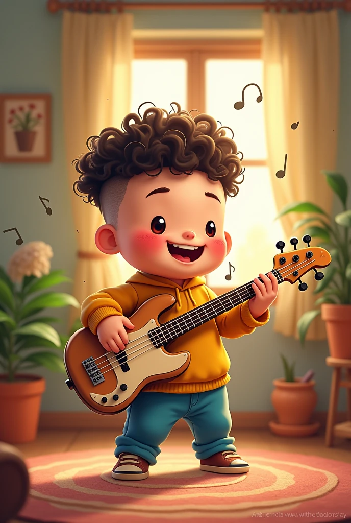 Home black animated version a little fat with curly hair with a shaved fade haircut holding a 5-string electric bass