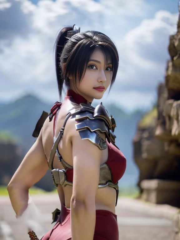20 year old Japanese beauty,One person、Muscular body like a bodybuilder、Emphasize the breasts、Slit eyes、A head-to-toe view,Bust is very very large、The background is a cave、High quality photos、Clear, crisp images of the lower body、Masterpiece 8k、Ecstatic face、Wearing Japan armor、The hand holds the sword backwards、Spreading her legs、Wearing glasses、TAKI from Soul Calibur、Turning around beautiful woman pose