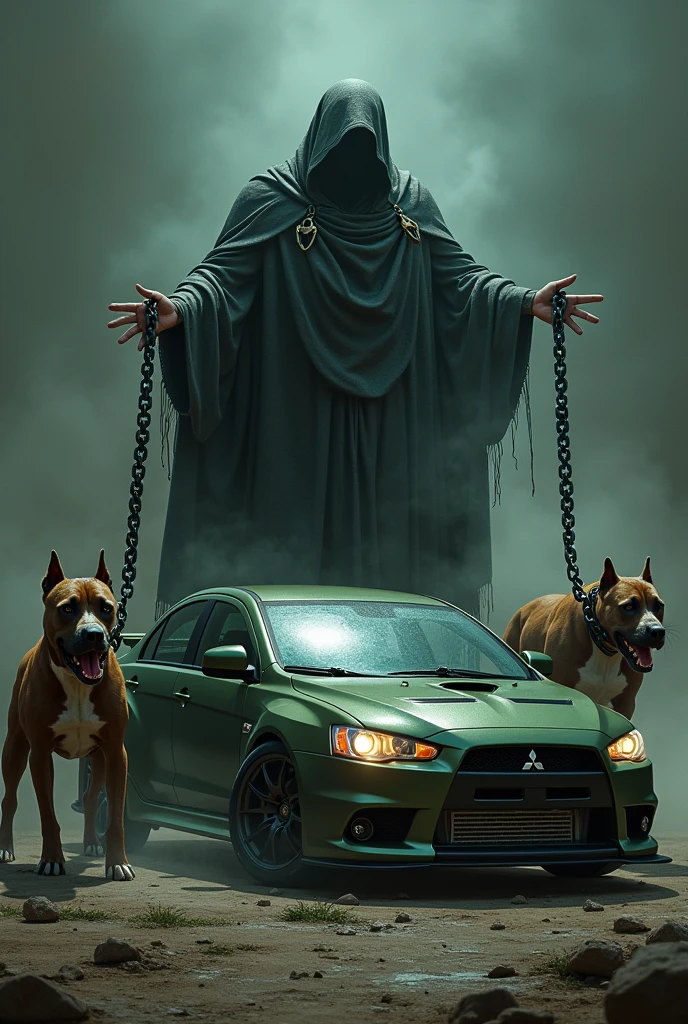The holy death grabbing two rabid pit bulls and a military green Mitsubishi Evo X with chains 