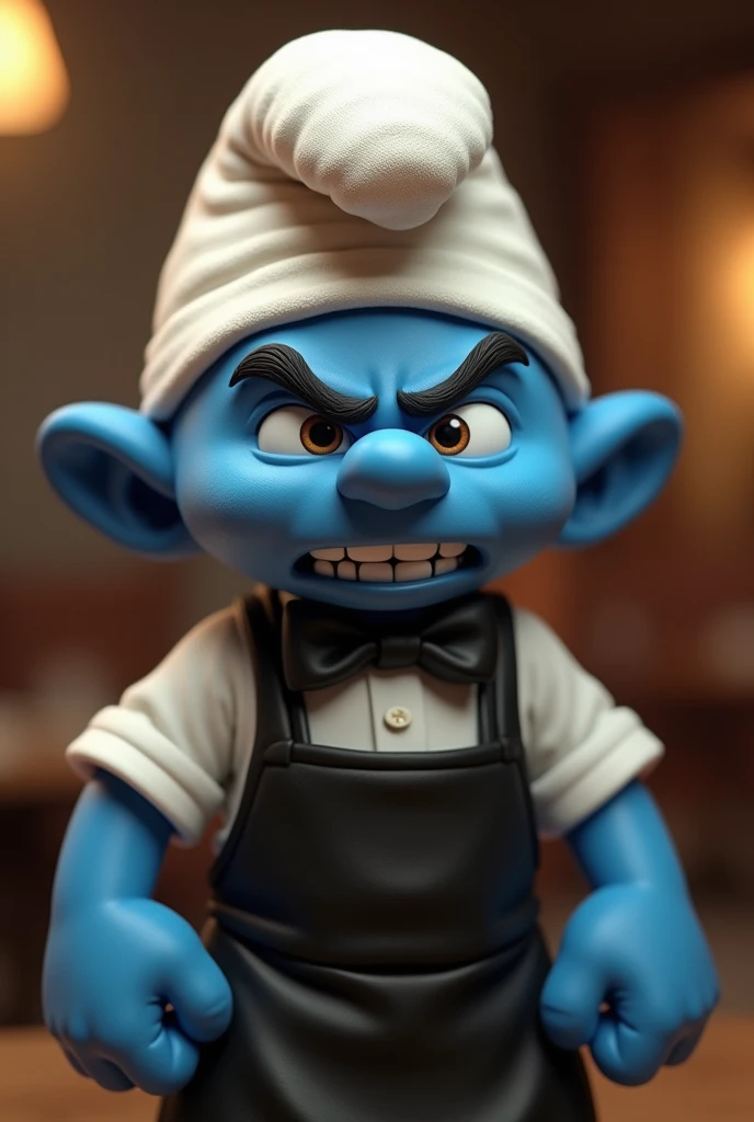 An angry, brown Smurf dressed as a waiter