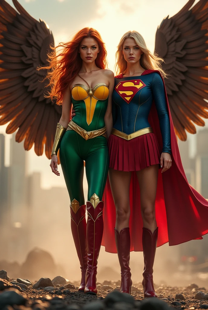 Adriana Lima under the mantle of the Thanagarian warrior Shayera Holl. Long red hair, yellow and green corset suit, green leggings, large red boots, brown wings. Alongside the Kryptonian Kara Zor-El, alias Supergirl, with long blonde hair, Justice League, DC universe.
