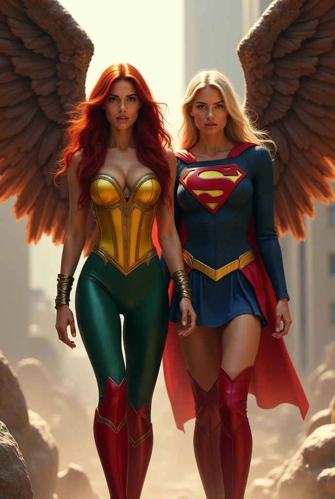 Adriana Lima under the mantle of the Thanagarian warrior Shayera Holl. Long red hair, yellow and green corset suit, green leggings, large red boots, brown wings. Alongside the Kryptonian Kara Zor-El, alias Supergirl, with long blonde hair, Justice League, DC universe.
