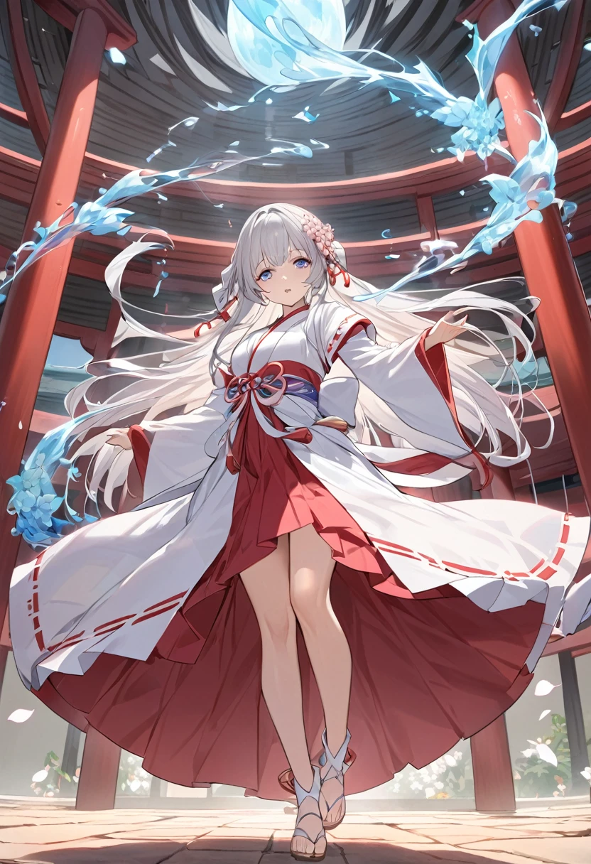High definition、A pure and beautiful young girl in a shrine maiden's outfit、Long silver hair, half purple、Full body portrait、I don't show my legs、Long-hemmed outfit、Large opal eyes、Powerful eyes、Dancing Kagura Dance、Playing with spirits、Flowers sprout from beneath your feet
