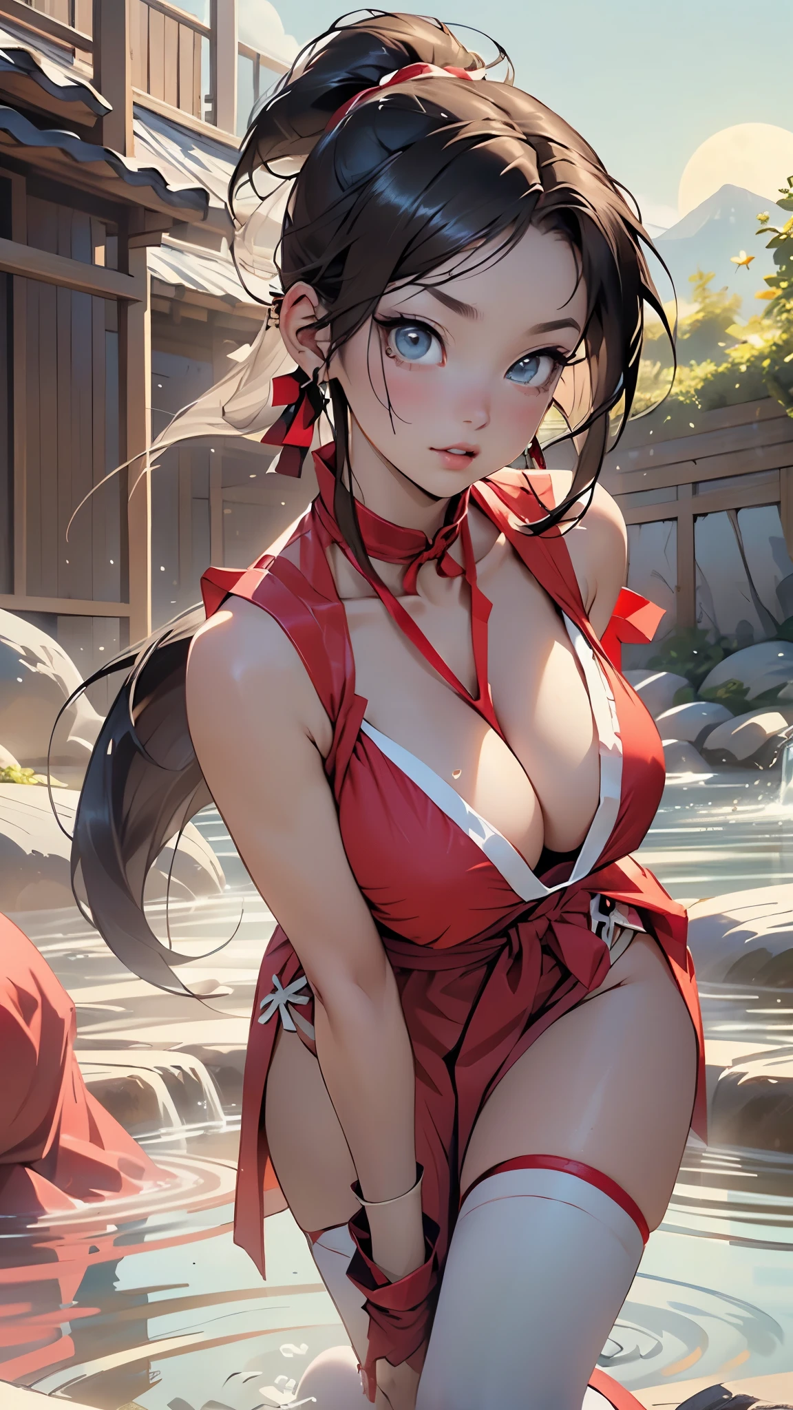 ((((Mai Shiranui from The King Of Fighters)))),mai shiranui,((Mai shiranui from the King of Fighters series)),1girl,

(huge breasts:1.3),((((very long hair:1.3, dark brown hair, white ribbon, ponytail,very long dark brown ponytail hairstyle)))),(((blue_eyes:1.3))),big bright blue eyes,intricate eyes,beautiful detailed eyes,symmetrical eyes,((((lustrous skin:1.5,tanned skin,bright skin: 1.5,skin tanned,shiny skin,very shiny skin,shiny body,Reflective skin)))),(spider lower abdomen,narrow waist,wide hip,athletic body,inflated legs,thick thighs,(detailed face)),beautiful detailed lips,(beautiful face),(red lips),(very big breasts), (perfect and slim body),

cute,slutty,sensual,seductive look,seductive,((erotic)),opulent,sumptuous,((nsfw)),

((tiny clothes,bare shoulders:1.5,bare legs,no bra)),revealing clothing,show skin,(((cleavage:1.5,very open neckline opening:1.5))),sexy,((dressed in the red pelvic curtain costume)), wears a red pelvic curtain, (pelvic curtain),((loincloth)), ((She wears a red costume with a (very deep neckline),secured behind the neck with thin red straps)),(obi strip), (shinobi gauntlets, stockings),((large red cloth strap around waist)),(red clothes:1.5),

(flirtatious pose:1.3), looking at viewer,embarrassed,centered,scale to fit dimensions,Rule of thirds,

outdoor bath,hot onsen,onsen pond,rock bath,full moon,mountains in the background,stream,The hot spring is steaming,night time,scenery,extremely scenery,

(Glossy asian ornaments),highres,sharp focus,(ultra detailed,extremely detailed),(photorealistic artwork:1.37),(extremely detailed CG unity 8k wallpaper),(((vibrant colors,vibrant theme))),(intricate),(masterpiece),(best quality),artistic photography,(photography taken by sldr),(intricate background),perfect rendered face,perfect face details,realistic face,photo realistic,((intricate detail)),(((realism))),
