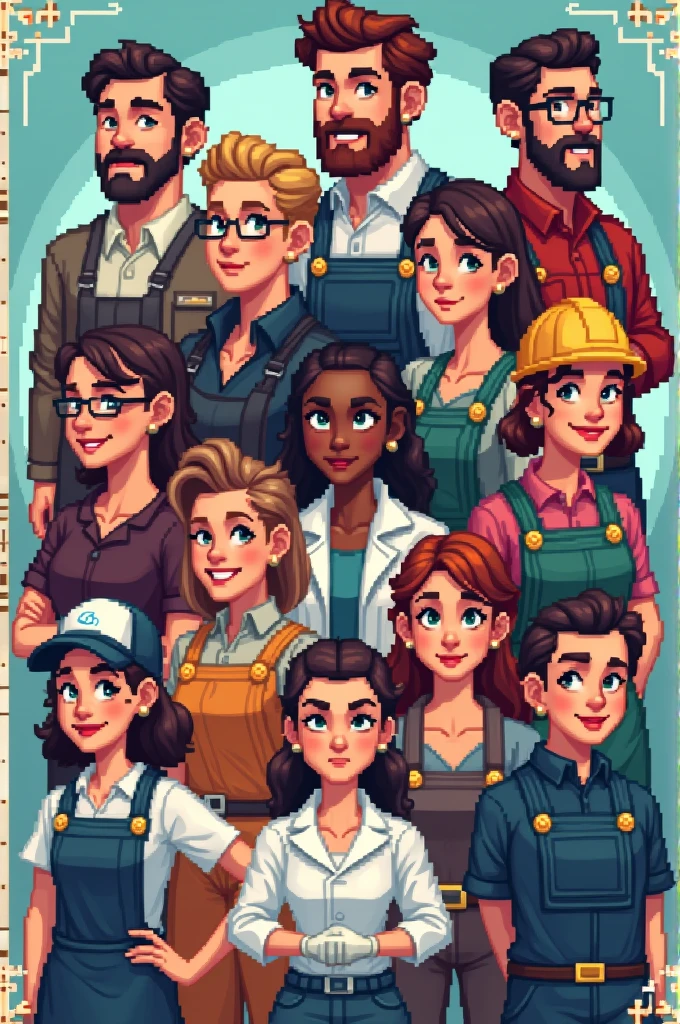 I want to create 10 characters that appear in a pixel art occupation encyclopedia.。Please make a male and female version.。