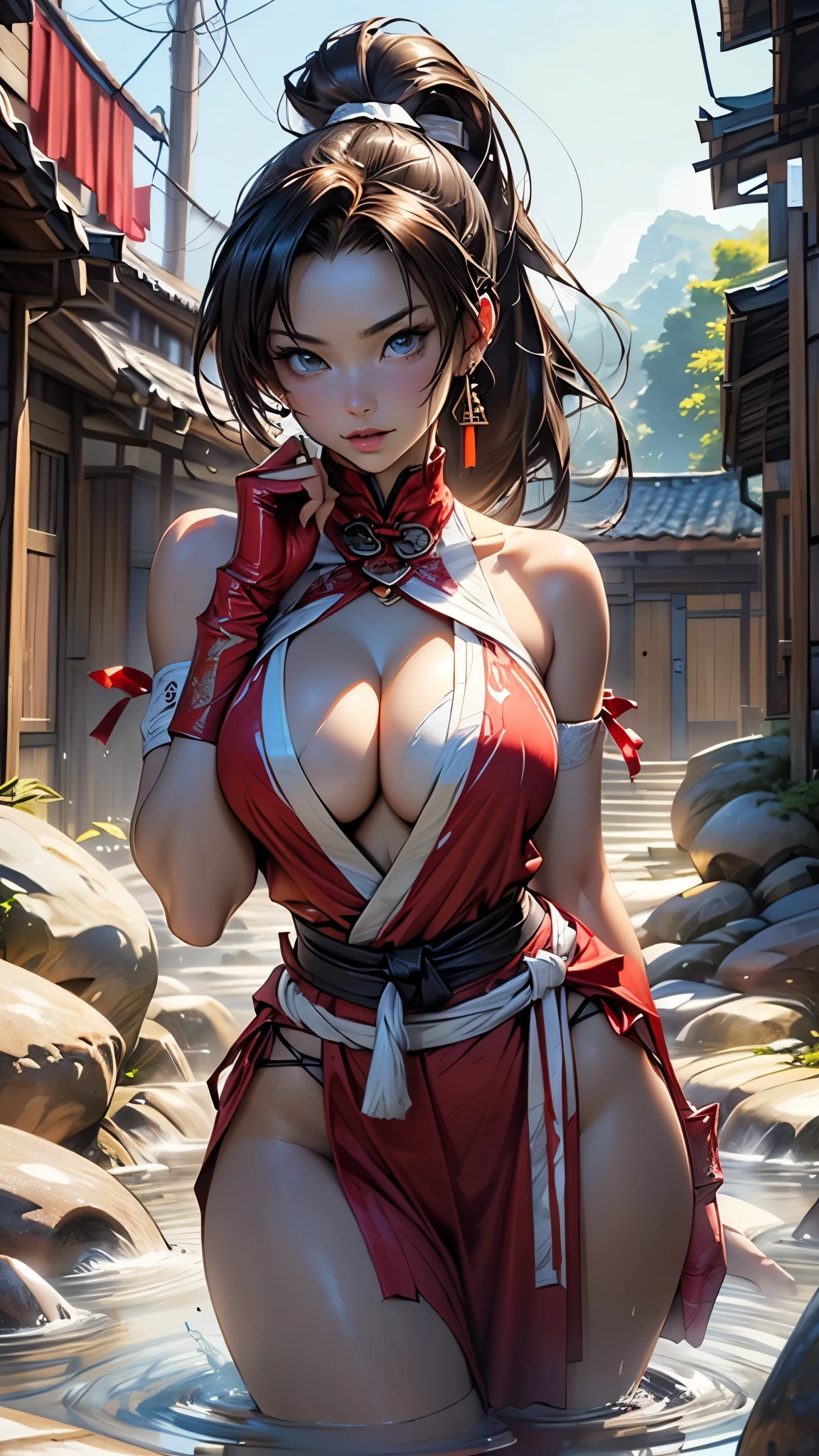 ((((Mai Shiranui from The King Of Fighters)))),mai shiranui,((Mai shiranui from the King of Fighters series)),1girl,

(huge breasts:1.3),((((very long hair:1.3, dark brown hair, white ribbon, ponytail,very long dark brown ponytail hairstyle)))),(((blue_eyes:1.3))),big bright blue eyes,intricate eyes,beautiful detailed eyes,symmetrical eyes,((((lustrous skin:1.5,tanned skin,bright skin: 1.5,skin tanned,shiny skin,very shiny skin,shiny body,Reflective skin)))),(spider lower abdomen,narrow waist,wide hip,athletic body,inflated legs,thick thighs,(detailed face)),beautiful detailed lips,(beautiful face),(red lips),(very big breasts), (perfect and slim body),

cute,slutty,sensual,seductive look,seductive,((erotic)),opulent,sumptuous,((nsfw)),

((tiny clothes,bare shoulders:1.5,bare legs,no bra)),revealing clothing,show skin,(((cleavage:1.5,very open neckline opening:1.5))),sexy,((dressed in the red pelvic curtain costume)), wears a red pelvic curtain, (pelvic curtain),((loincloth)), ((She wears a red costume with a (very deep neckline),secured behind the neck with thin red straps)),(obi strip), (shinobi gauntlets, stockings),((large red cloth strap around waist)),(red clothes:1.5),

(flirtatious pose:1.3), looking at viewer,embarrassed,centered,scale to fit dimensions,Rule of thirds,

outdoor bath,hot onsen,onsen pond,rock bath,full moon,mountains in the background,stream,The hot spring is steaming,night time,scenery,extremely scenery,

(Glossy asian ornaments),highres,sharp focus,(ultra detailed,extremely detailed),(photorealistic artwork:1.37),(extremely detailed CG unity 8k wallpaper),(((vibrant colors,vibrant theme))),(intricate),(masterpiece),(best quality),artistic photography,(photography taken by sldr),(intricate background),perfect rendered face,perfect face details,realistic face,photo realistic,((intricate detail)),(((realism))),
