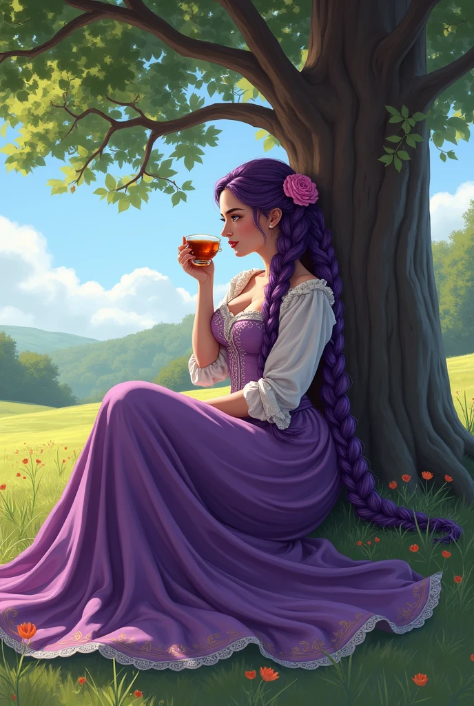 Young woman, Twenty years old, Long purple braided hair, Big breasts,Thin waist, Big butt, Wearing a long purple dress,Wear a medieval European outfit , Sit and sip tea under the tree, Manga illustration 2.5D
