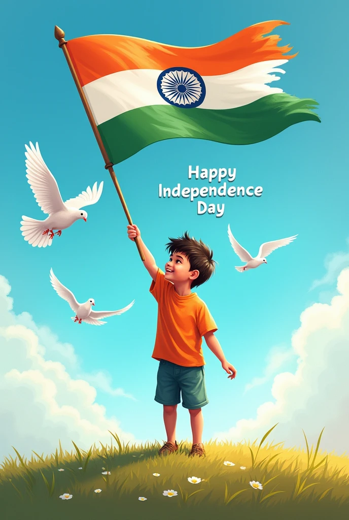 Take a child Indian flag' s stick and flay high and write Happy Independence day and 2 white pigeon fly both sides