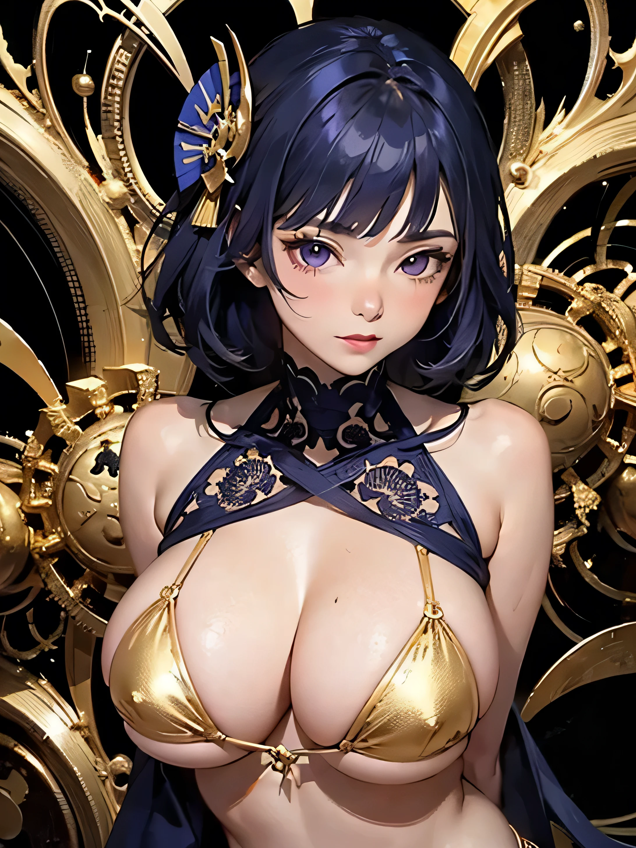 (Raiden Shogun), big detailed purple eyes, black hair, purple and gold color palette, Official art, Unity 8k Wallpaper, Ultra-detail, Beautiful and aesthetic, masterpiece, Best Quality, (zentangle, mandalas, Tangle, Entangle), (fractal art:1.3) , 1girl, huge tits, Extremely detailed, Dynamic Angle, Most Beautiful Form of Chaos, elegant, a brutalist designed, vivd colour, romanticism, Atmospheric, arms behind back, (gold metallic micro bikini), shiny skin, sexy pose, ((black background)), gold dust, heavy blushing, upper body, straight on, thick thighs, 
