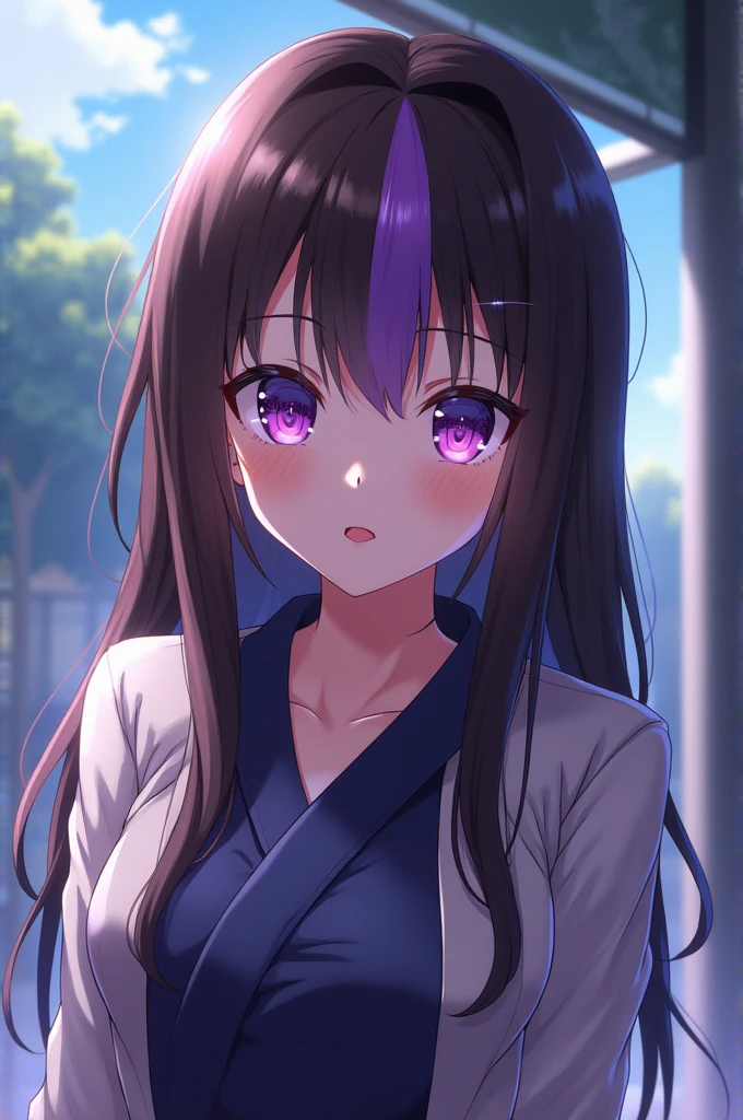 Jujutsu Kaisen anime girl, straight brown hair with a lilac streak, lilac eye