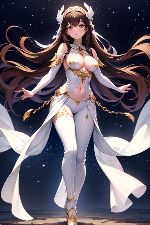 Masterpiece, a beautiful village female model, full body white transparent clothes standing under empty night stars, disappearing transparent pants, full body standing, tall figure, slender legs, facial details, detailed body part details, 8k wallpaper, ((cameltoe))