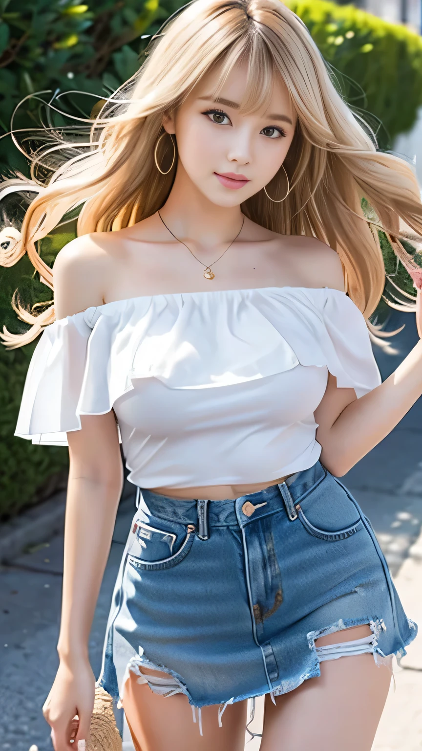 Sexy big boobs、Sexy cute looks and cute beautiful girl, Beautiful and sexy face、A strong wind blows my hair in front of my face、Beautiful blonde medium wavy hair with cute and sexy eyes hidden by long bangs、Off-the-shoulder T-shirt、Tulle miniskirt