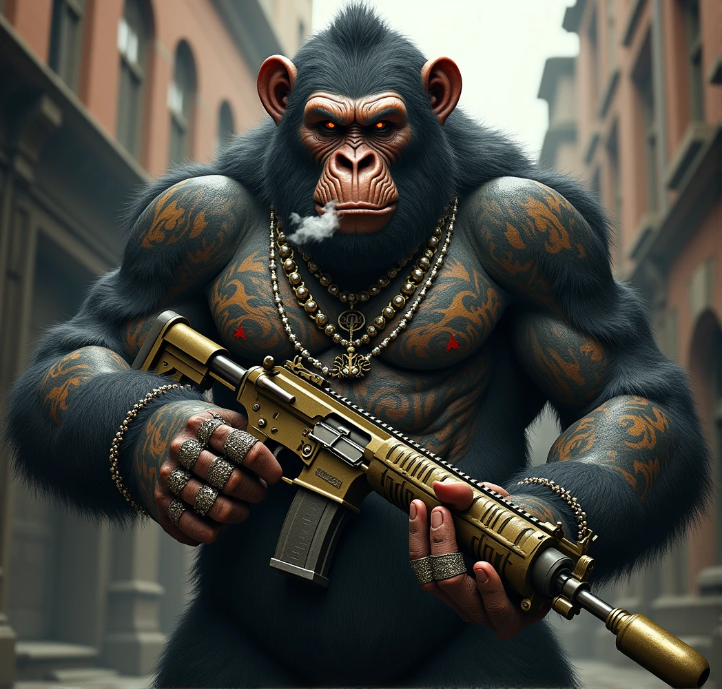 Purple Ape, With giant and high-caliber weapons, wearing an Affliction brand shirt , tattooed, with huge diamond and gold rings, smoking with a pipe